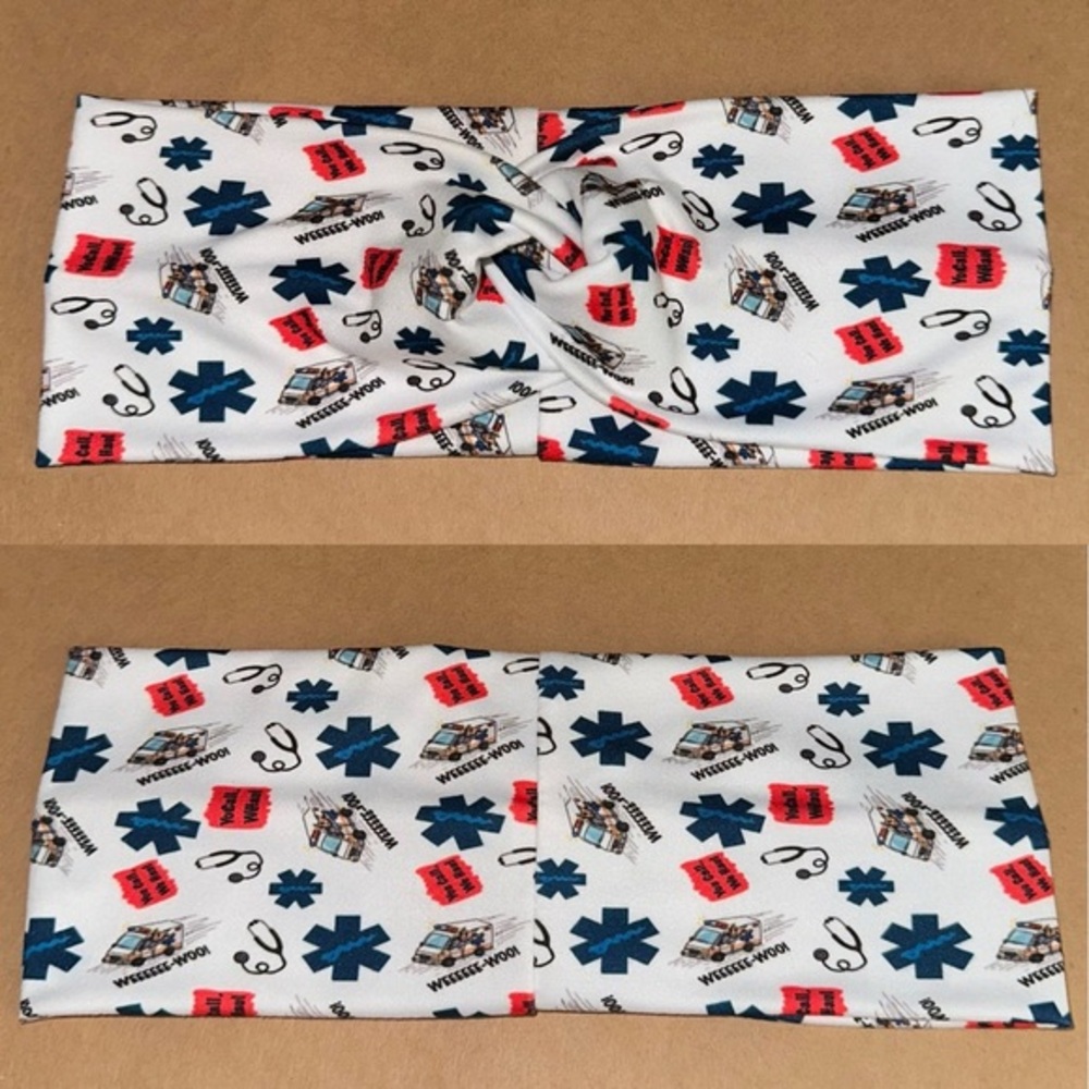 Medical Print Twisted Knot Headband in White, Navy & Red